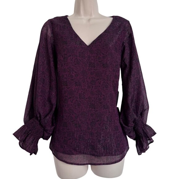 Halogen Metallic Balloon Sleeve Blouse Size XS V Neck Sheer Sleeve NWT Purple - Picture 2 of 14